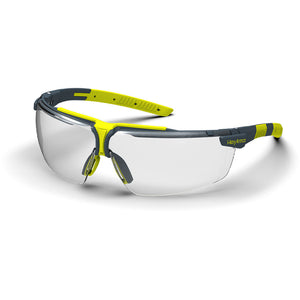 Grey and yellow VS300S anti-fog safety glasses shown as they are sitting on a table.