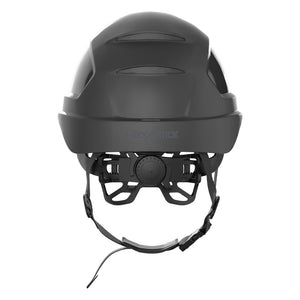 Ceros XP450AE with Mips and chin strap safety helmet as shown from the back showcasing the wheel ratchet adjustment system.