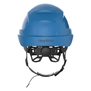Ceros XP450AE with Mips and chin strap safety helmet as shown from the back showcasing the wheel ratchet adjustment system.
