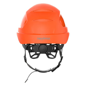 Ceros XP450AE with Mips and chin strap safety helmet as shown from the back showcasing the wheel ratchet adjustment system.