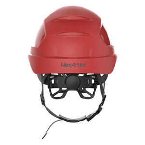 Ceros XP450AE with Mips and chin strap safety helmet as shown from the back showcasing the wheel ratchet adjustment system.