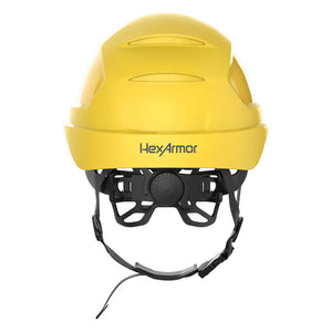 Ceros XP450AE with Mips and chin strap safety helmet as shown from the back showcasing the wheel ratchet adjustment system.