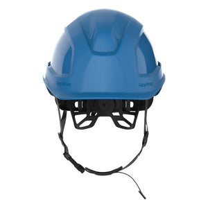 Ceros XP450AE with Mips blue class E safety helmet with chin strap as shown from the front.