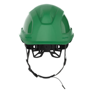Ceros XP450AE with Mips green class E safety helmet with chin strap as shown from the front.