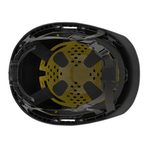 Ceros XP450A with Mips black class E safety helmet showcasing the suspension system on the underside of the helmet.