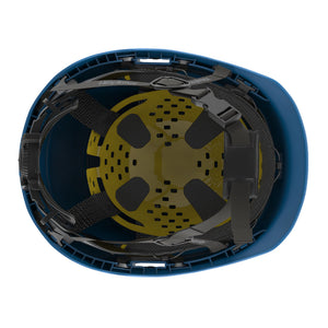 Ceros XP450A with Mips blue class E safety helmet showcasing the suspension system on the underside of the helmet.