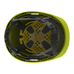 Ceros XP450AE with Mips Hi-vis yellow class E safety helmet showcasing the suspension system on the underside of the helmet.