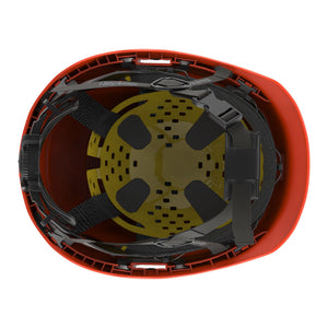 Ceros XP450A with Mips orange class E safety helmet showcasing the suspension system on the underside of the helmet.