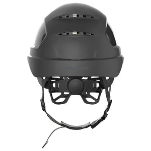 Ceros XP450A with Mips and chin strap safety helmet as shown from the back showcasing the wheel ratchet adjustment system.