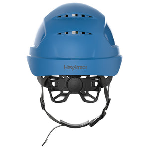 Ceros XP450A with Mips and chin strap safety helmet as shown from the back showcasing the wheel ratchet adjustment system.