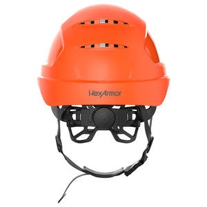 Ceros XP450A with Mips and chin strap safety helmet as shown from the back showcasing the wheel ratchet adjustment system.