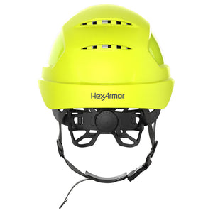 Ceros XP450A with Mips and chin strap safety helmet as shown from the back showcasing the wheel ratchet adjustment system.