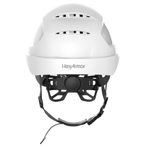 Ceros XP450A with Mips and chin strap safety helmet as shown from the back showcasing the wheel ratchet adjustment system.