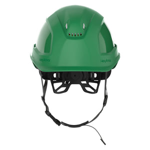 Ceros XP450A with Mips green chin strap safety helmet as shown from the front.