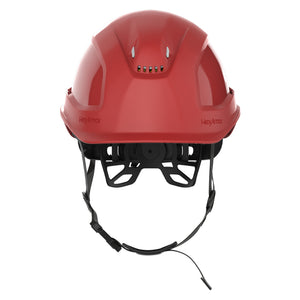 Ceros XP450A with Mips red vented safety helmet with chin strap as shown from the front.