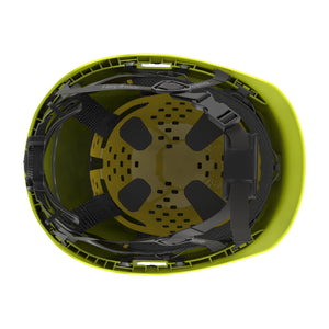 Ceros XP450A with Mips Hi-vis yellow safety helmet showcasing the suspension system on the underside of the helmet.