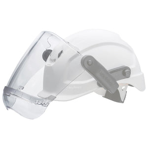 Face shield window with chin guard attached to helmet shifted on helmet