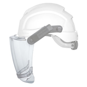 Face shield window with chin guard attached to helmet side view