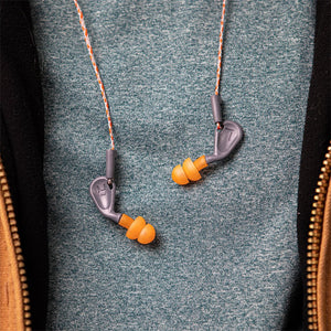 simpleFit® reusable guided earplugs hanging around neck