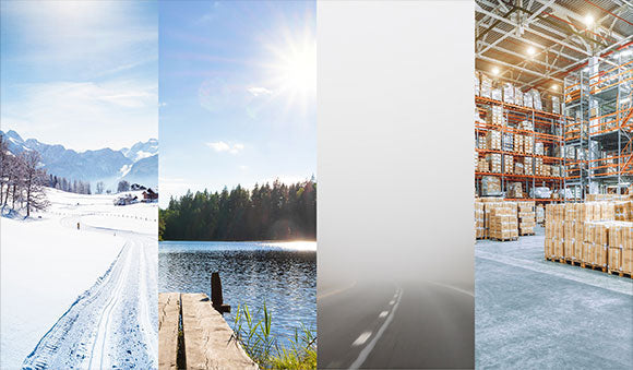 Visuals of different views: a snowy road, a sunny lake, a foggy street, and a warehouse.