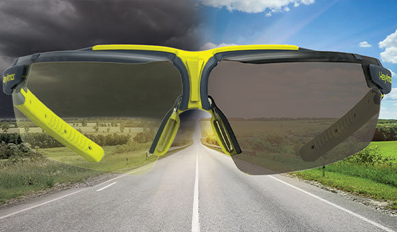 Safety glasses showing light to dark transition.