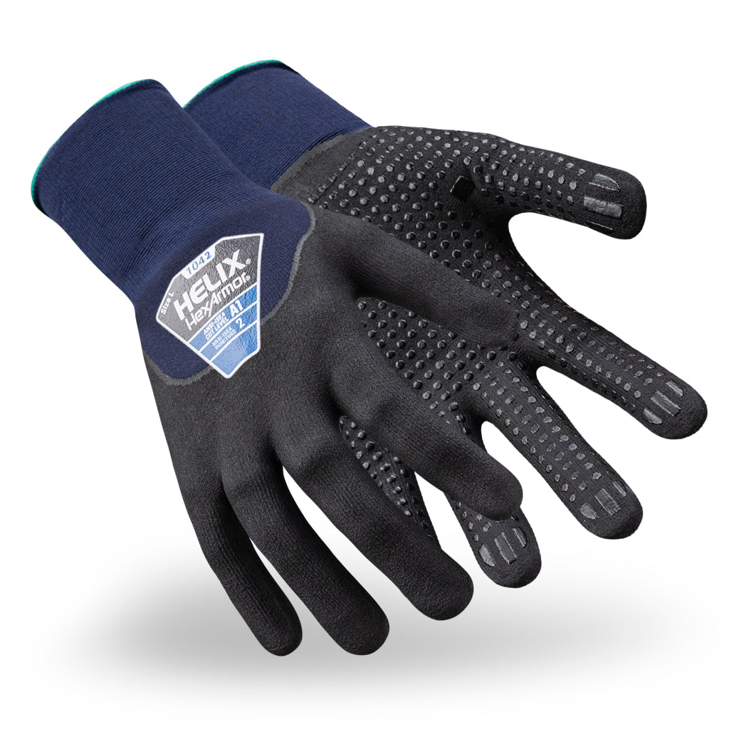 Navy and black Helix 1042 abrasion resistant safety gloves as they might appear on your hands.