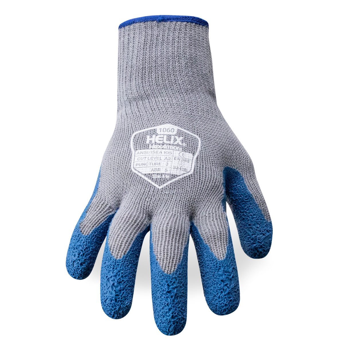 Back of hand view of general purpose Helix® 1060 10-gauge wrinkle rubber latex palm coated gloves.