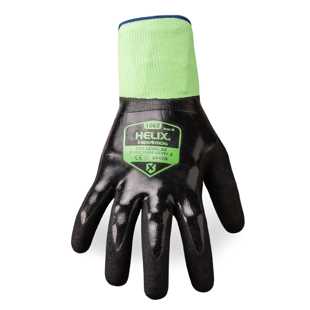 Back of hand of general purpose Helix 1062 18-gauge sandy nitrile palm coated gloves.