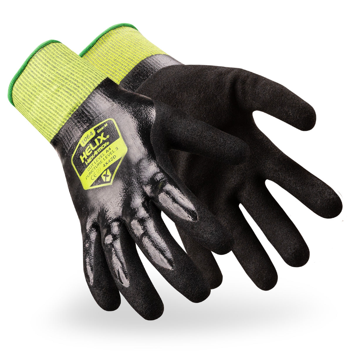 Pair of general purpose Helix 1064 double-dipped flexible sandy nitrile palm coated gloves.