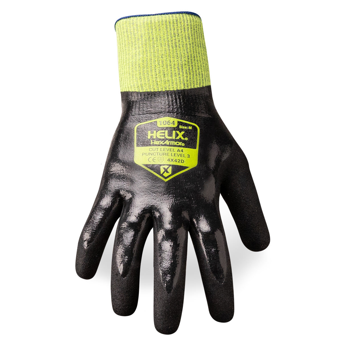 Back of hand view of general purpose Helix 1064 double-dipped flexible sandy nitrile palm coated gloves.