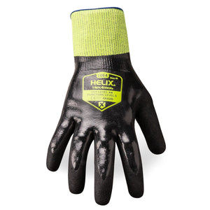 Back of hand view of general purpose Helix 1064 double-dipped flexible sandy nitrile palm coated gloves.