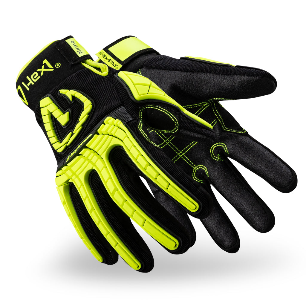 Black and hi-vis Hex1 2131 utility glove as they might appear on your hands.