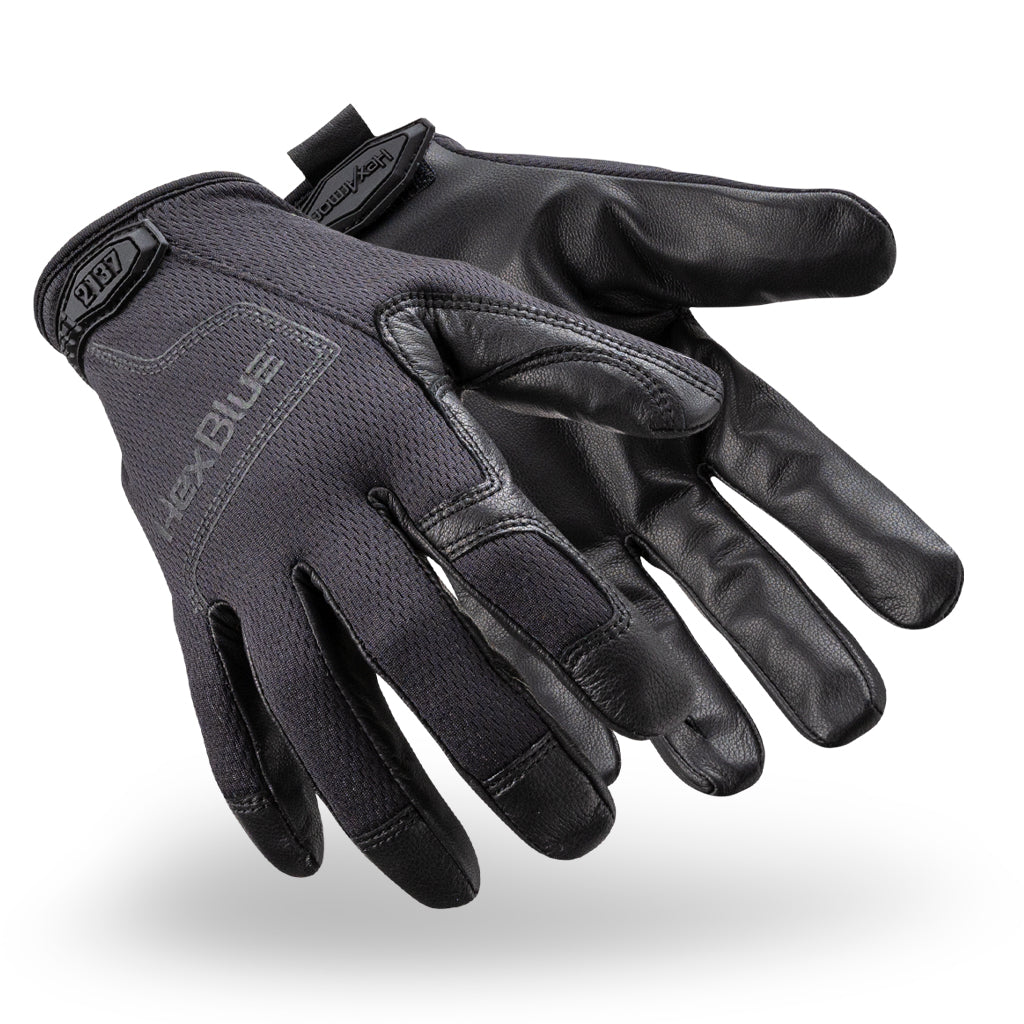 Black HexBlue 2137 law enforcement safety gloves as they might appear on your hands.