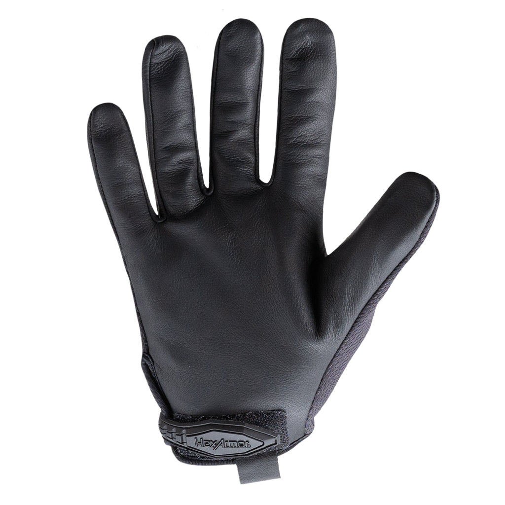 Palm view of black HexBlue 2137 law enforcement safety gloves showing the thin goatskin leather palm.