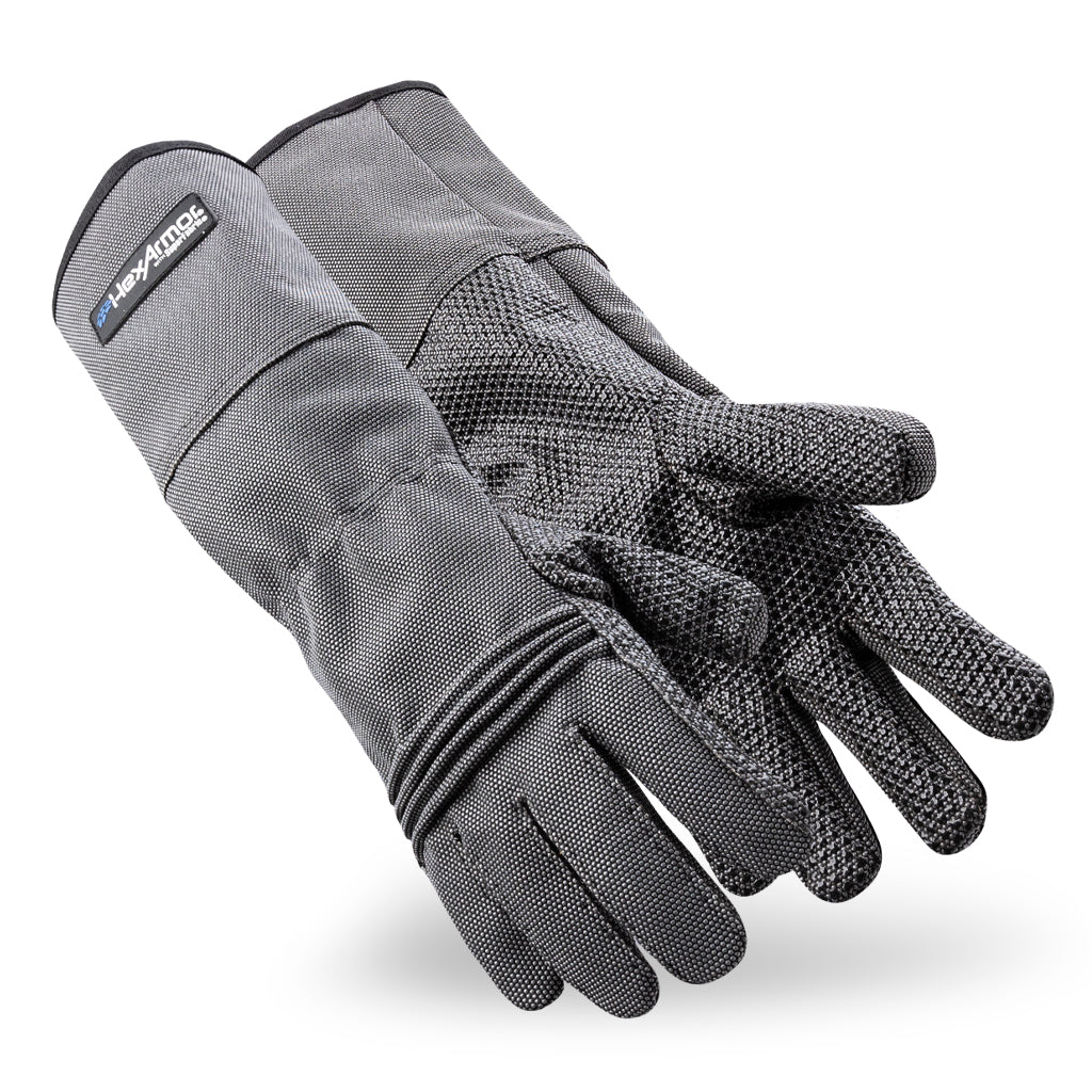 Grey Hercules 400R6E highly cut resistant gauntlet style gloves as they might appear on your hands.