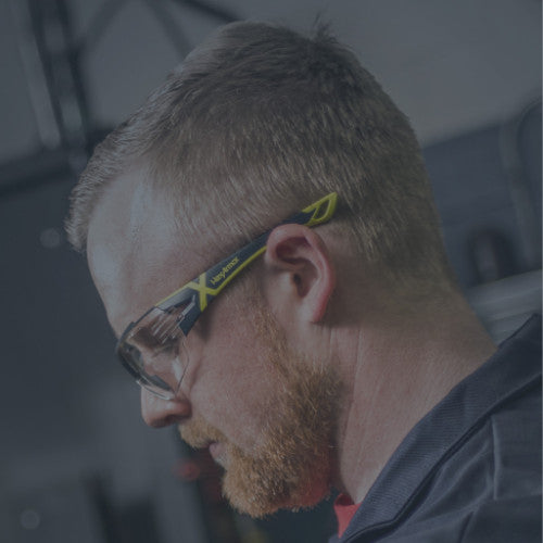 Man wearing hi vis MX300 safety eyewear by HexArmor