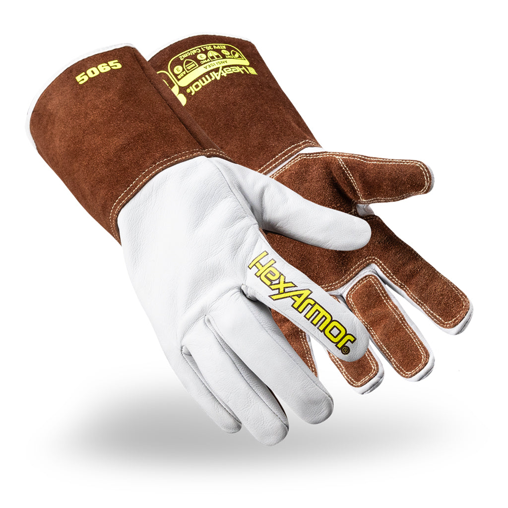 Pair of HeatArmor 5065 welding work gloves as they might appear on your hands.