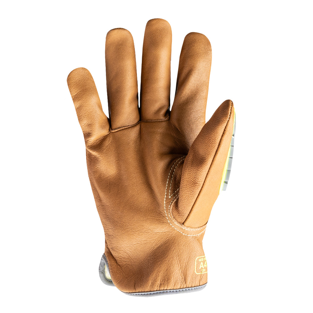 Palm view of pfas-free chrome slt 5071imp impact leather gloves with water and oil resistant sustainable leather treatment.