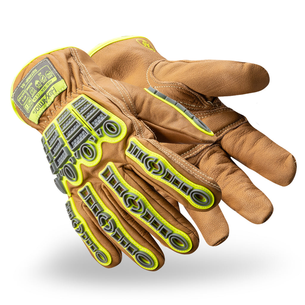 Pair of chrome slt 5072imp impact leather gloves with water and oil resistant sustainable leather treatment.