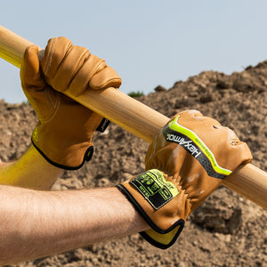 Hands wearing chrome slt 5073 water and oil resistant gloves with sustainable leather treatment.
