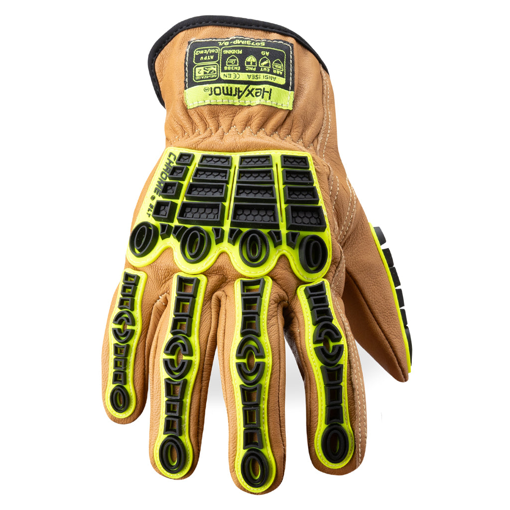 Back of hand view of pfas-free chrome slt 5073imp impact leather gloves with water and oil resistant sustainable leather treatment.