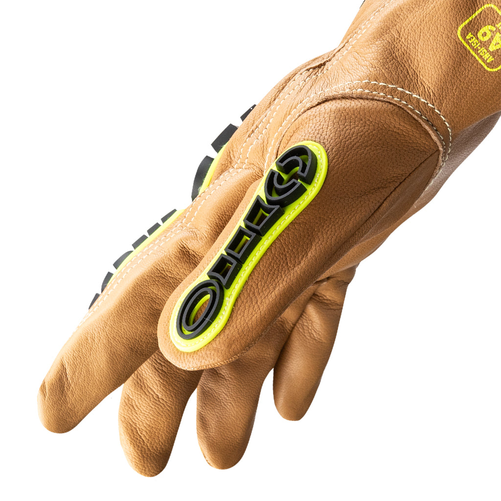 Side view of chrome slt 5073imp impact leather gloves with water and oil resistant sustainable leather treatment.