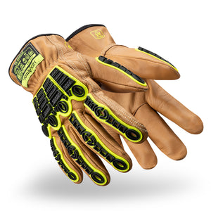 Pair of chrome slt 5073imp impact leather gloves with water and oil resistant sustainable leather treatment.