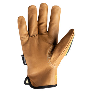 Palm view of pfas-free chrome slt 5073imp impact leather gloves with water and oil resistant sustainable leather treatment.