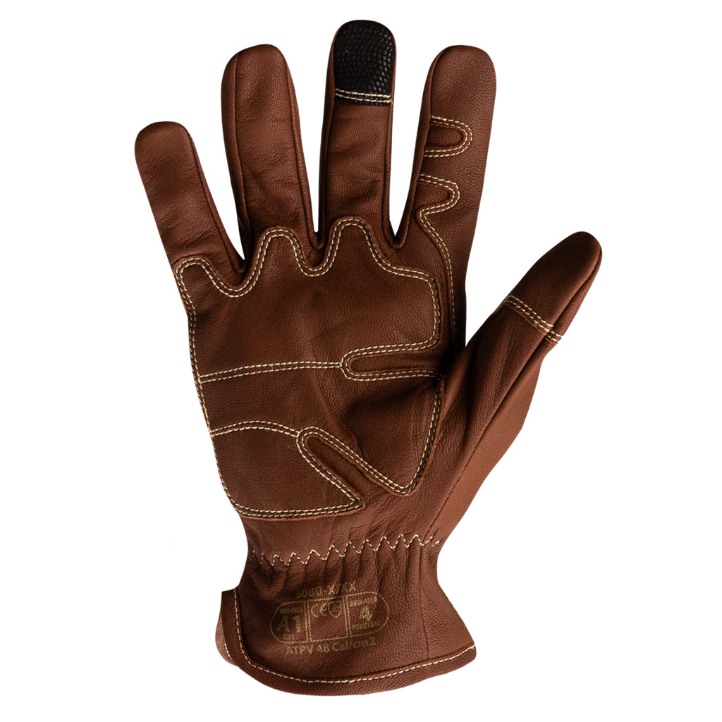 Palm view of Chrome SLT 5080 unlined utility safety gloves showing the leather palm.