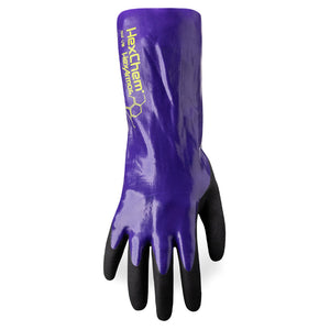 Back-of-hand view of purple HexChem 7040 chemical resistant gauntlet style glove.