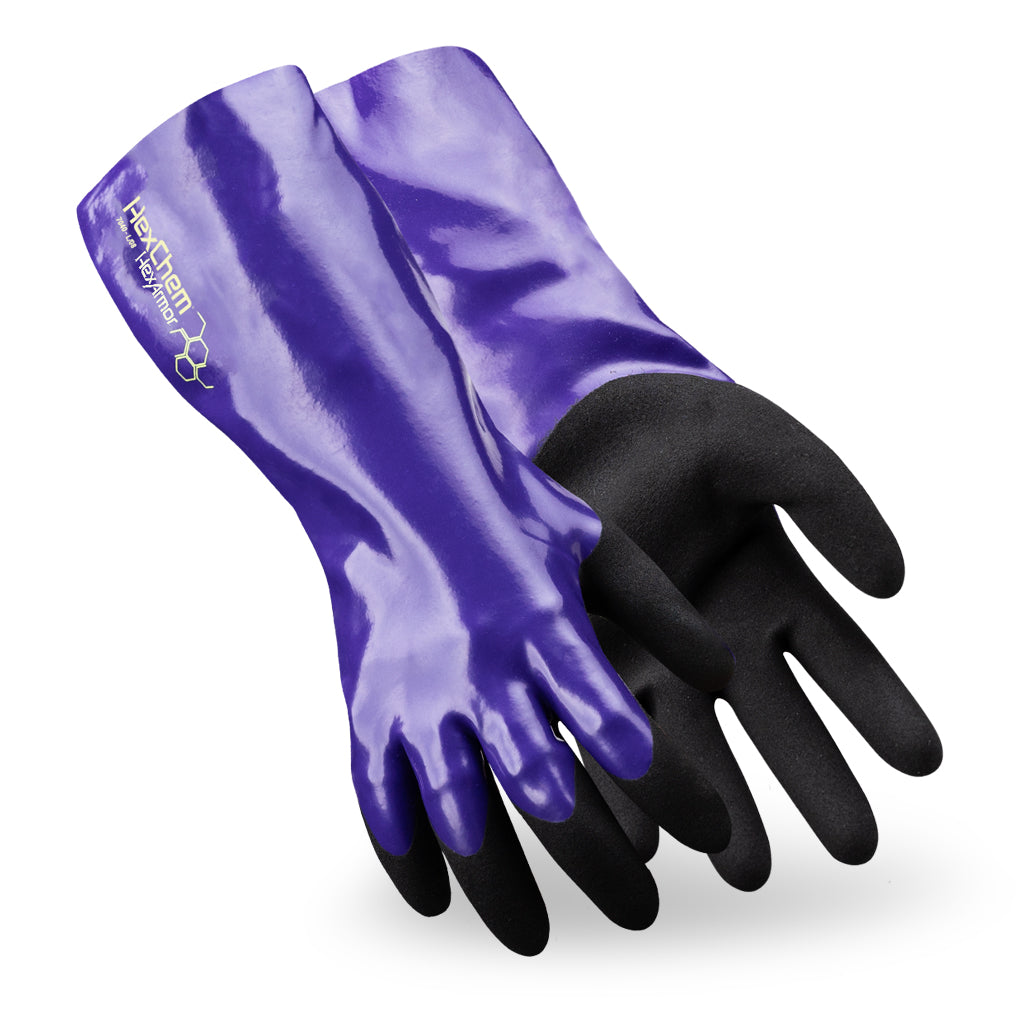 Purple HexChem 7040 chemical resistant gauntlet style gloves side by side as they might appear on your hands.