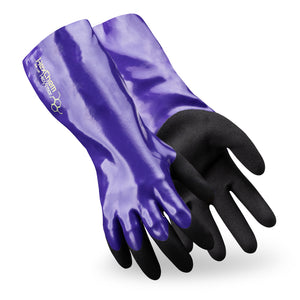 Purple HexChem 7040 chemical resistant gauntlet style gloves side by side as they might appear on your hands.