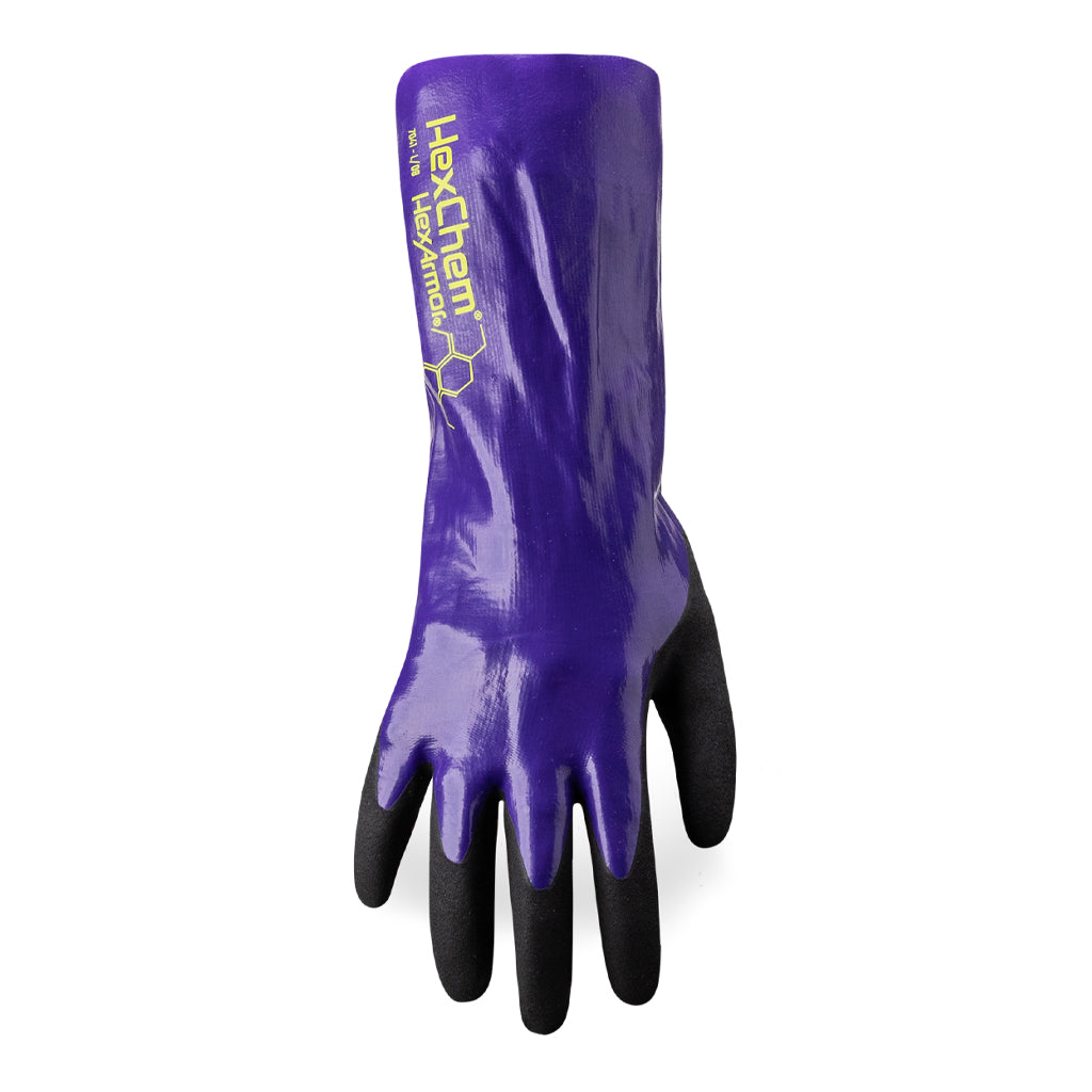 Back-of-hand view of purple HexChem 7041 chemical resistant gauntlet style glove.