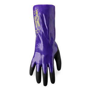 Back-of-hand view of purple HexChem 7041 chemical resistant gauntlet style glove.